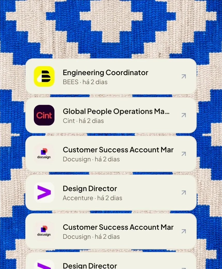 Cartões de vagas internacionais — Engineering Coordinator na BEES, Global People Operations na Cint, Design Director na Accenture