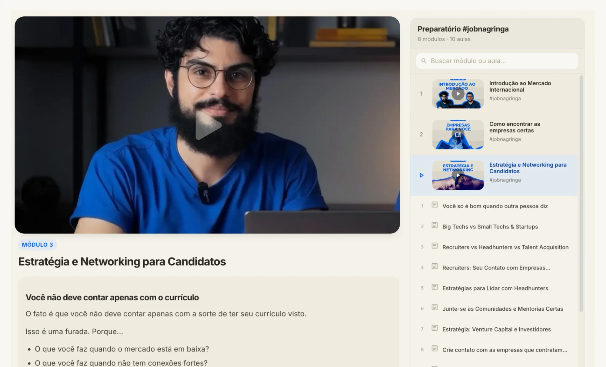 Preparatório #jobnagringa em vídeo, com a lista de módulos e aulas ao lado do player